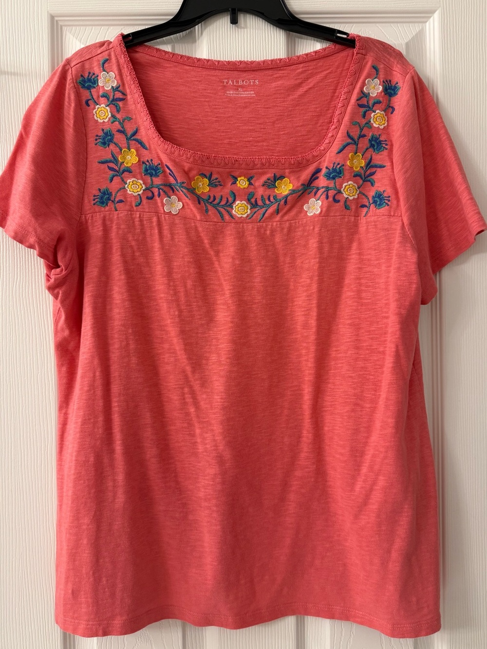 Talbots Coral Short-Sleeve Tee with Floral Embroidery